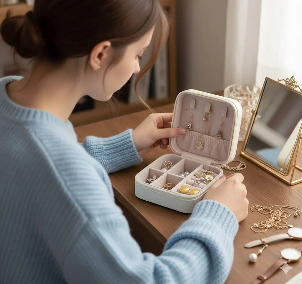 Woman organizing jewelry in a small, open jewelry box on a wooden surface.