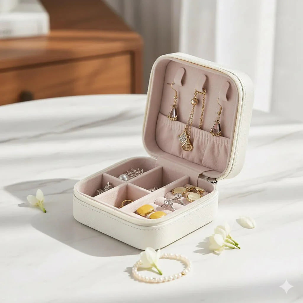 Jewelry box with jewelry on a white surface