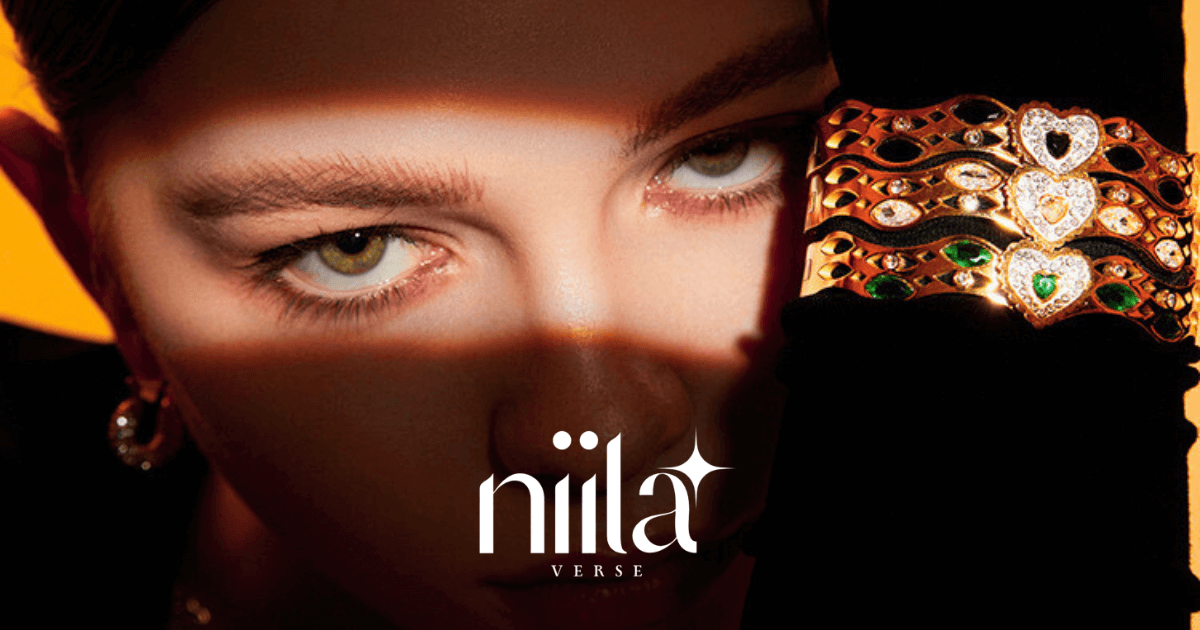 a girl wearing bedazzled bracelets with brand logo niilaverse on it