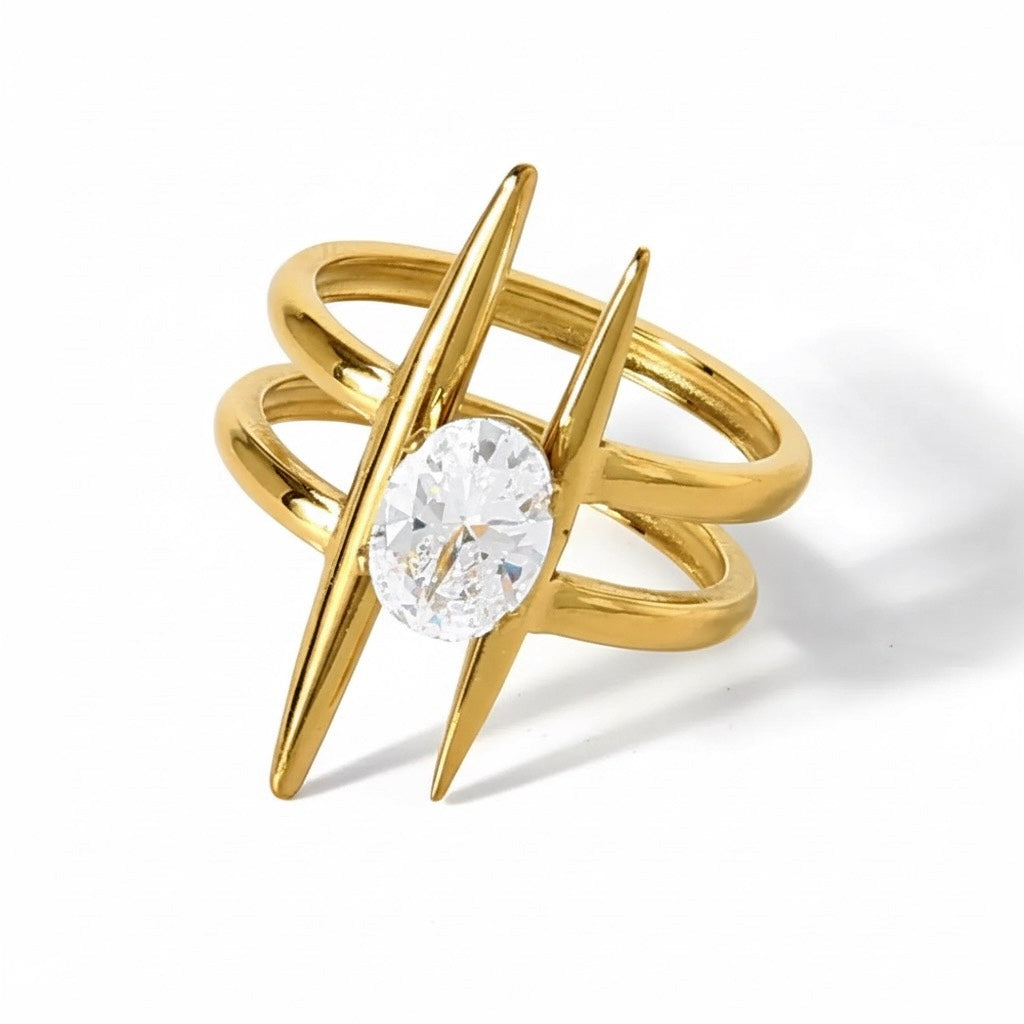 Gold ring with a clear gemstone on a white background