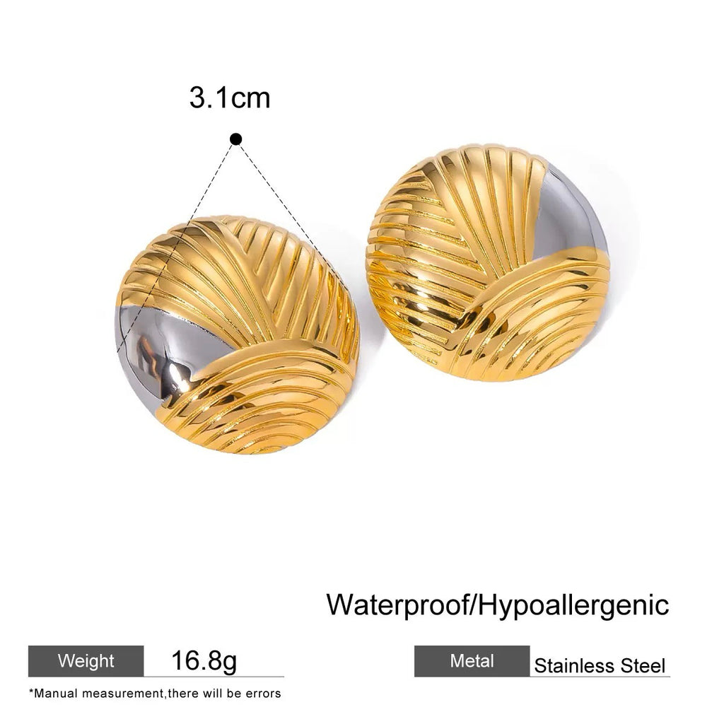 Gold and silver earrings with measurement details on a white background