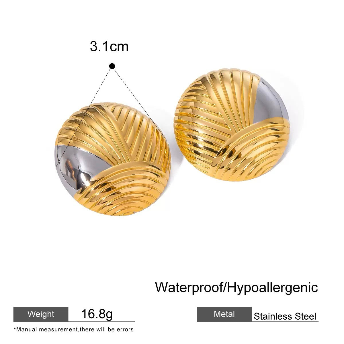 Gold and silver earrings with measurement details on a white background