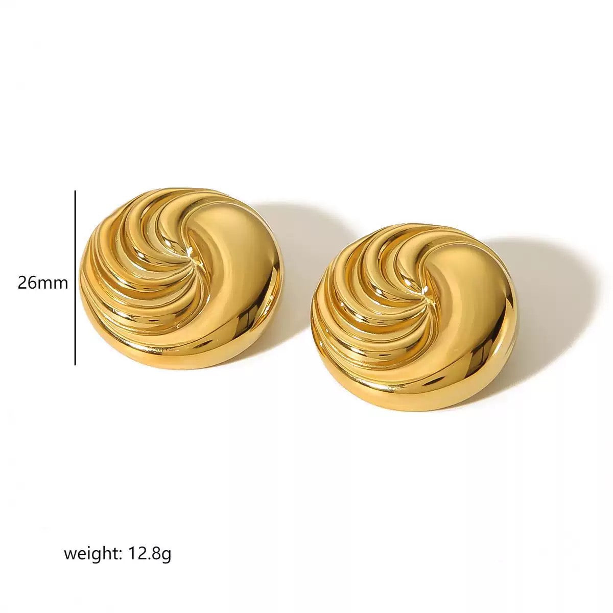 Pair of gold spiral earrings on a white background with measurement details.
