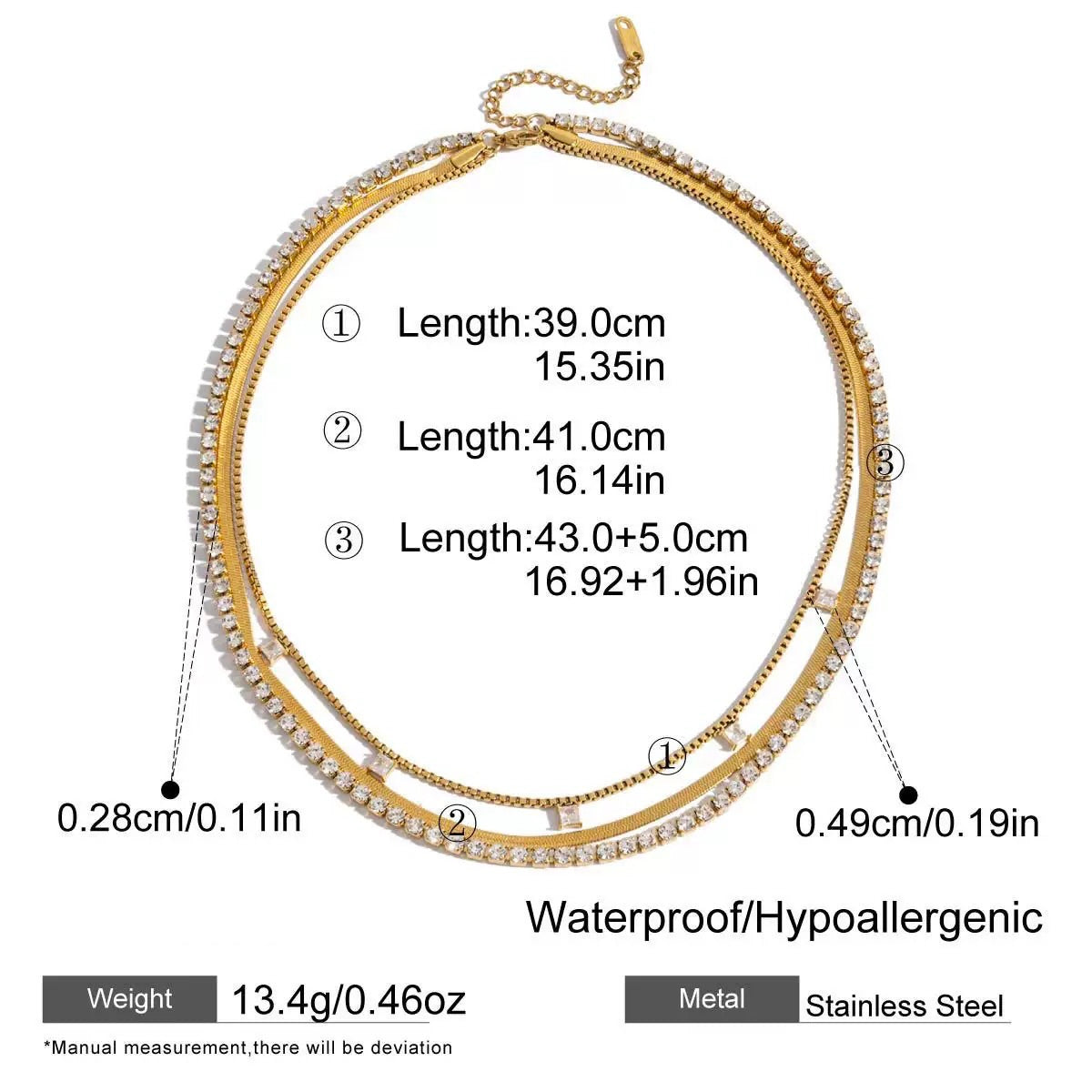 Gold necklace with measurement details on a white background