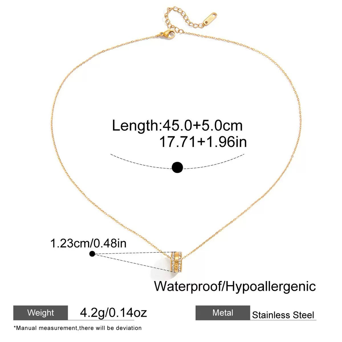 Gold necklace with measurement details on a white background