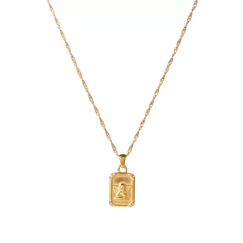 Gold necklace with a rectangular pendant on a white background