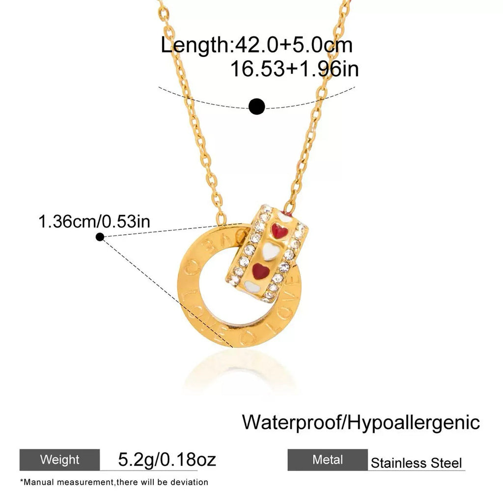 Gold necklace with heart details and measurement information on a white background