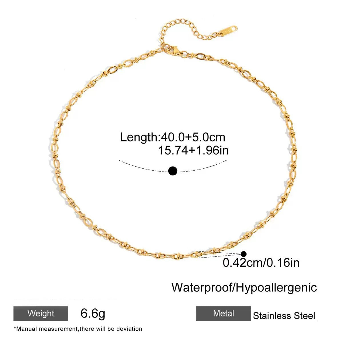 Gold chain bracelet with measurements and material details on a white background