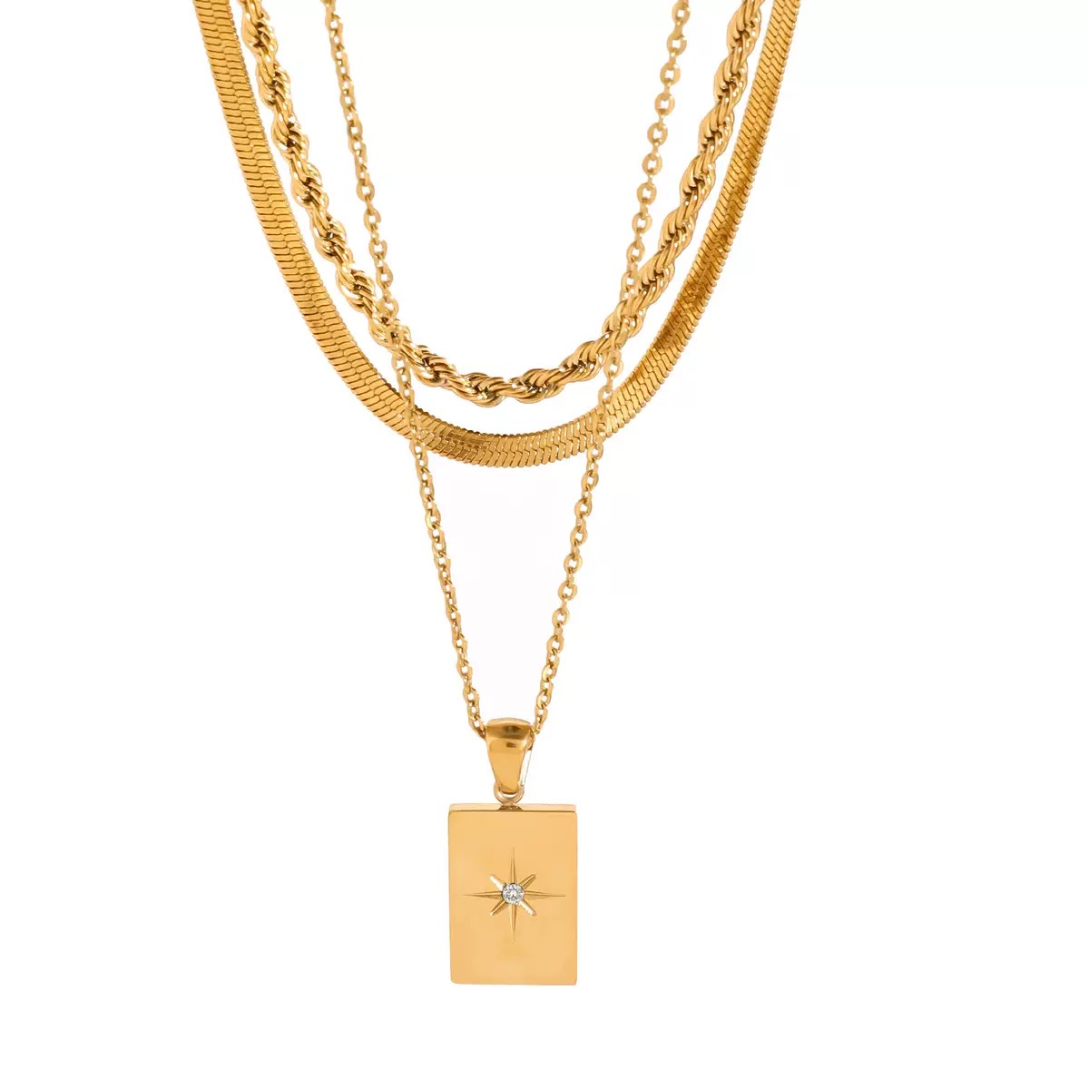 Three gold necklaces with a rectangular pendant on a white background