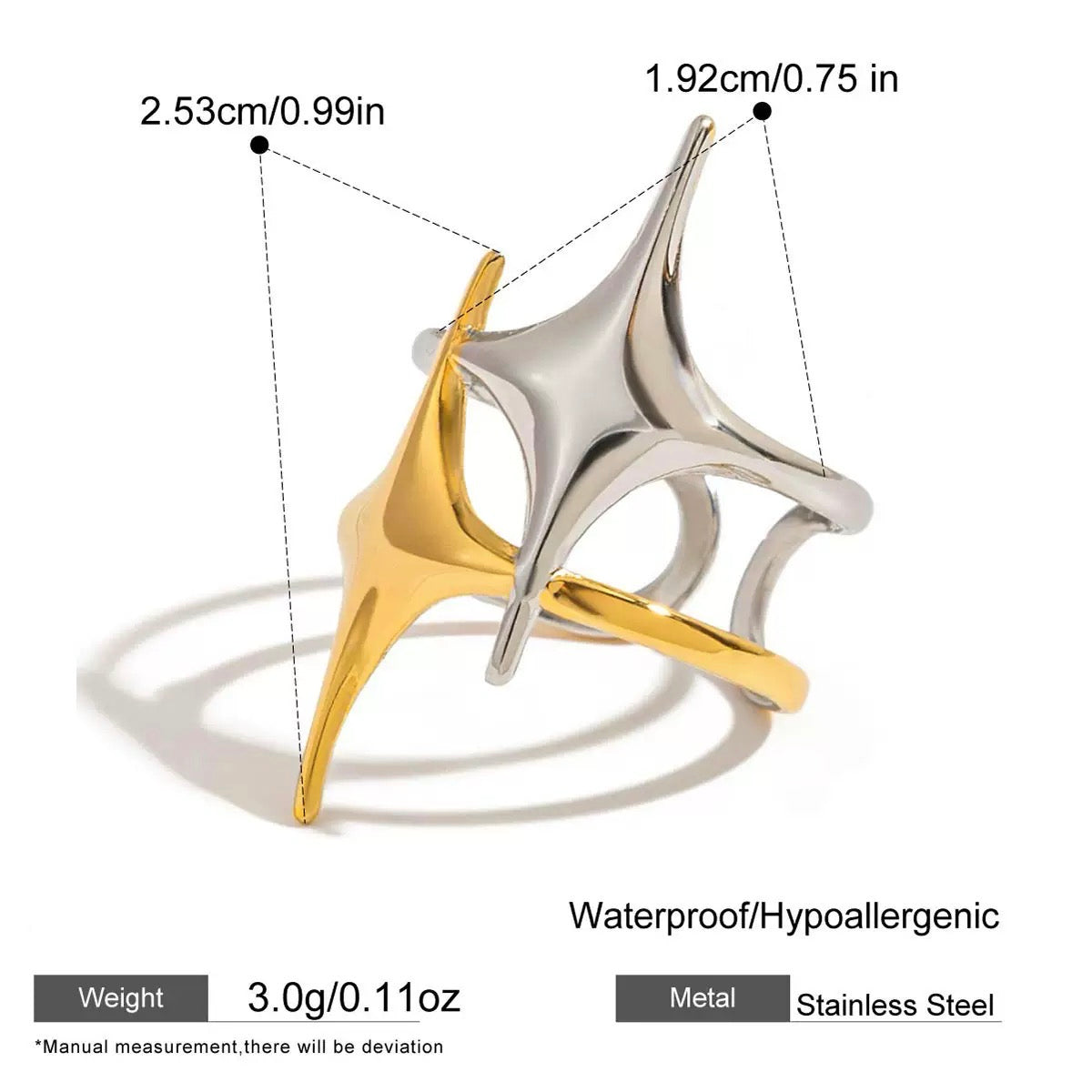 Two-toned ring with measurements and material details on a white background
