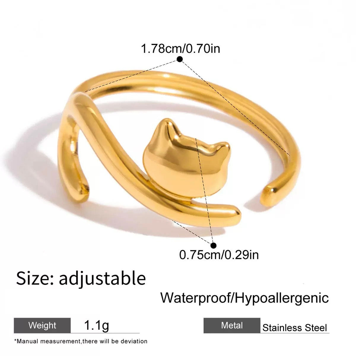 Gold cat-shaped adjustable bracelet with measurements and product details on a white background