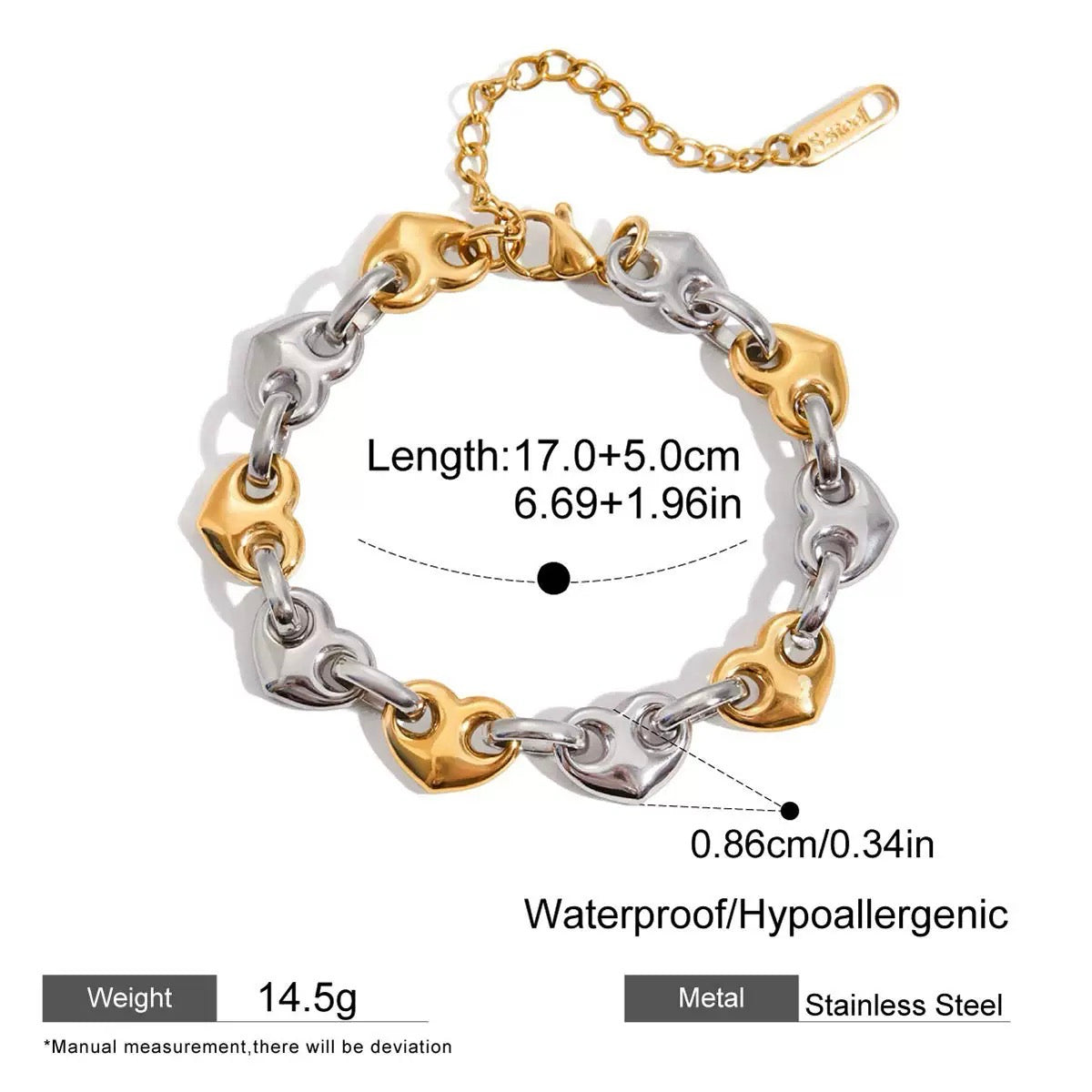 Bracelet with heart-shaped links in gold and silver on a white background