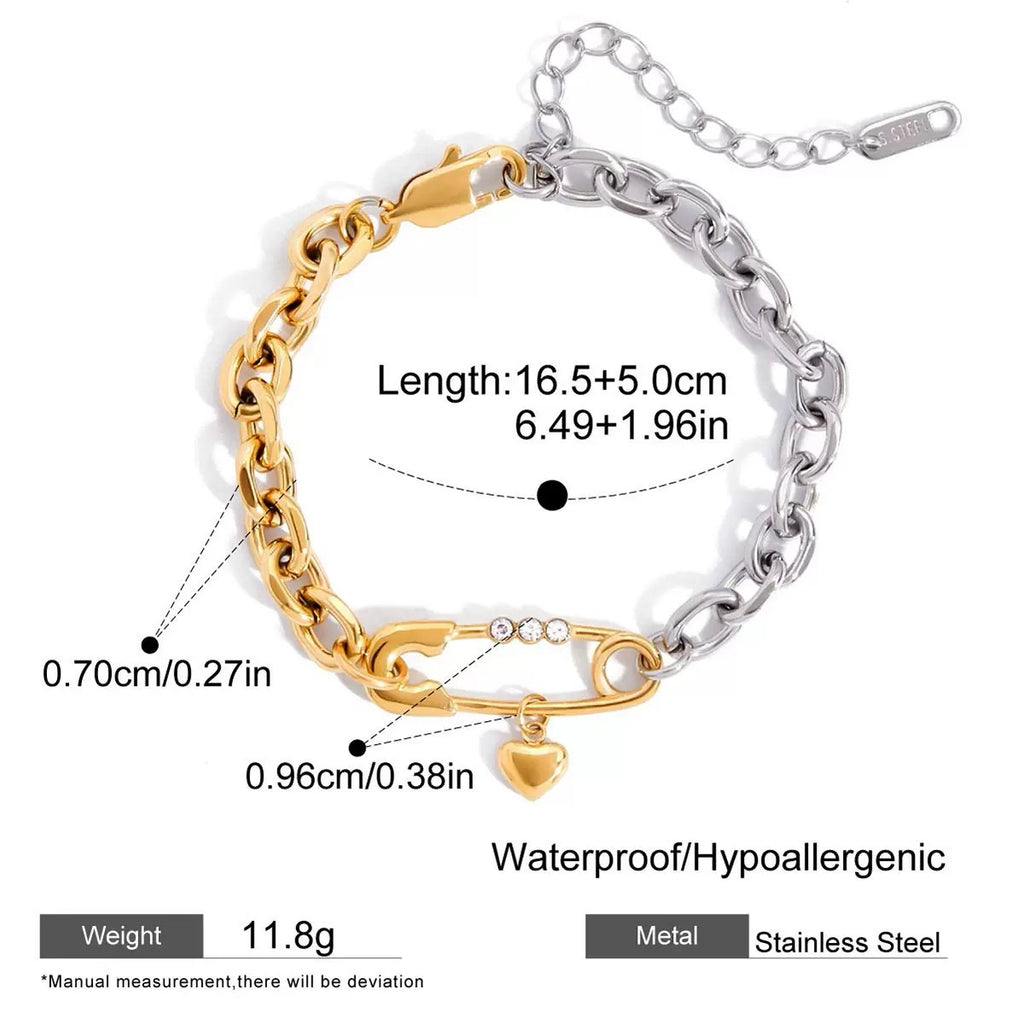 Bracelet with gold and silver links and a heart charm, showing measurements and material details.