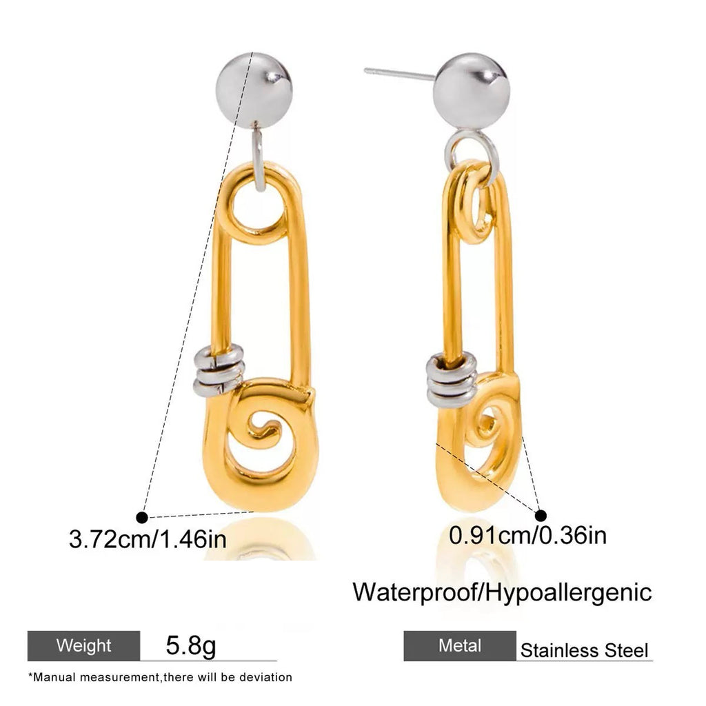 Gold and silver earrings with measurements and material details on a white background