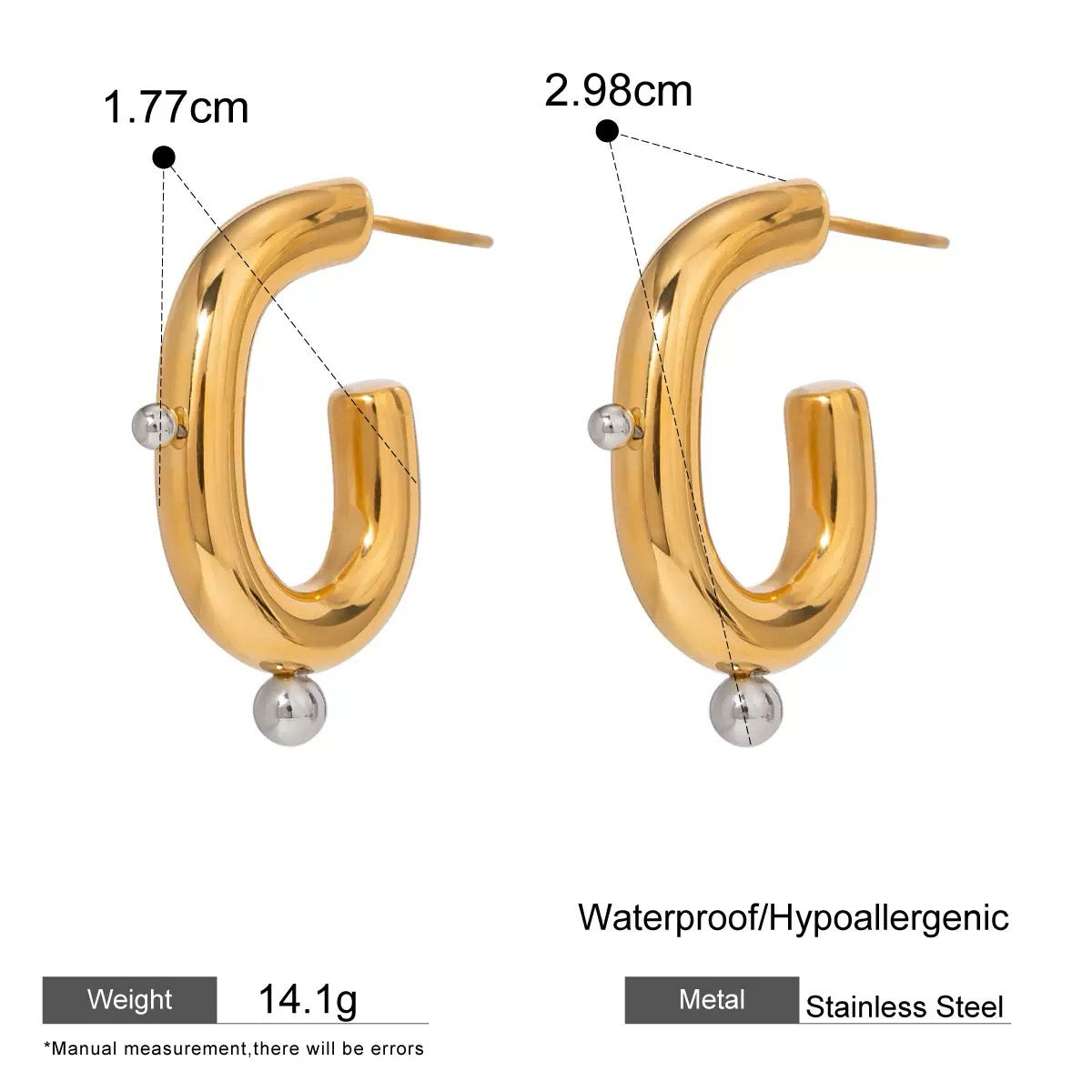 Gold hoop earrings with pearl drops, showing measurements and material details on a white background.