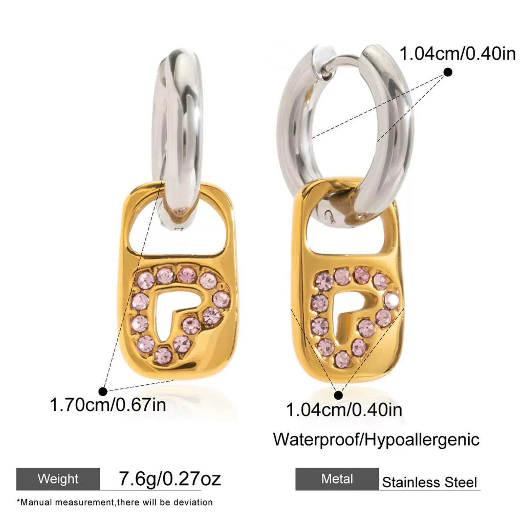 Gold hoop earrings with pink gemstones and measurements on a white background