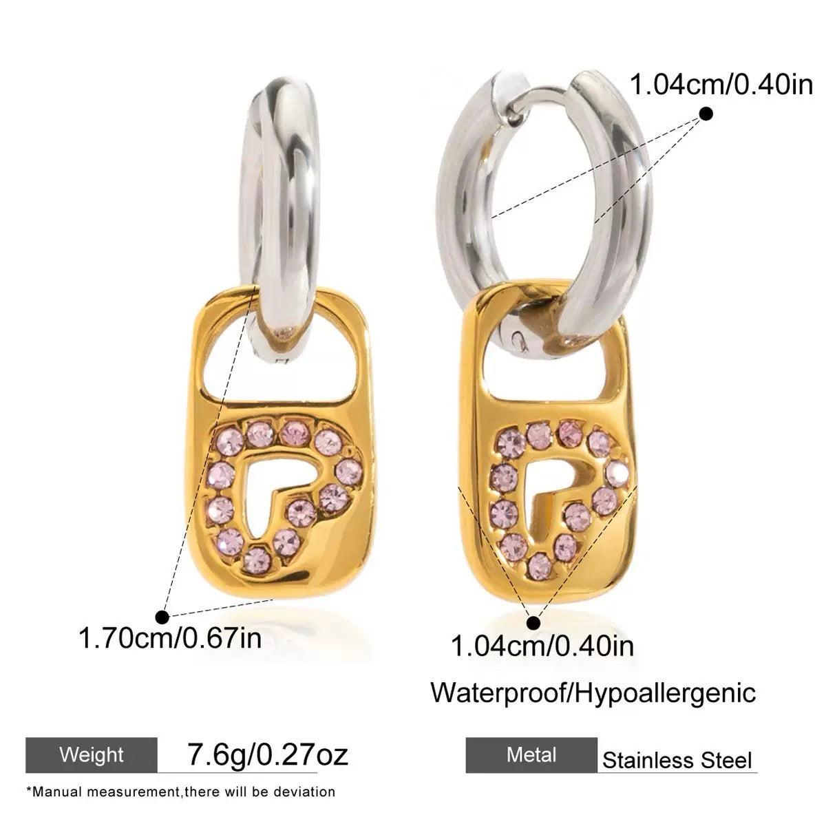 Gold hoop earrings with pink gemstones and measurements on a white background
