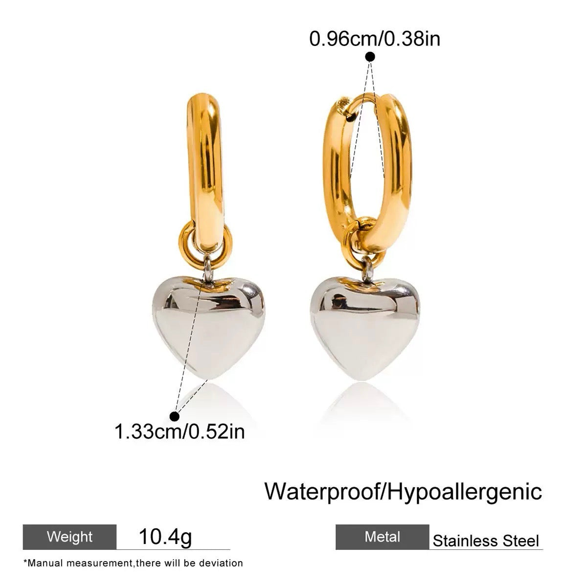 Gold hoop earrings with heart-shaped pendants, showing measurements and material details on a white background.