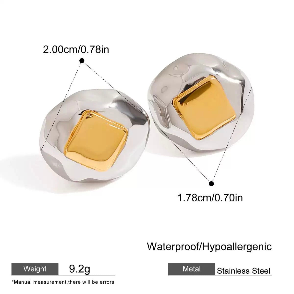 Pair of silver and gold earrings with measurements and material details on a white background