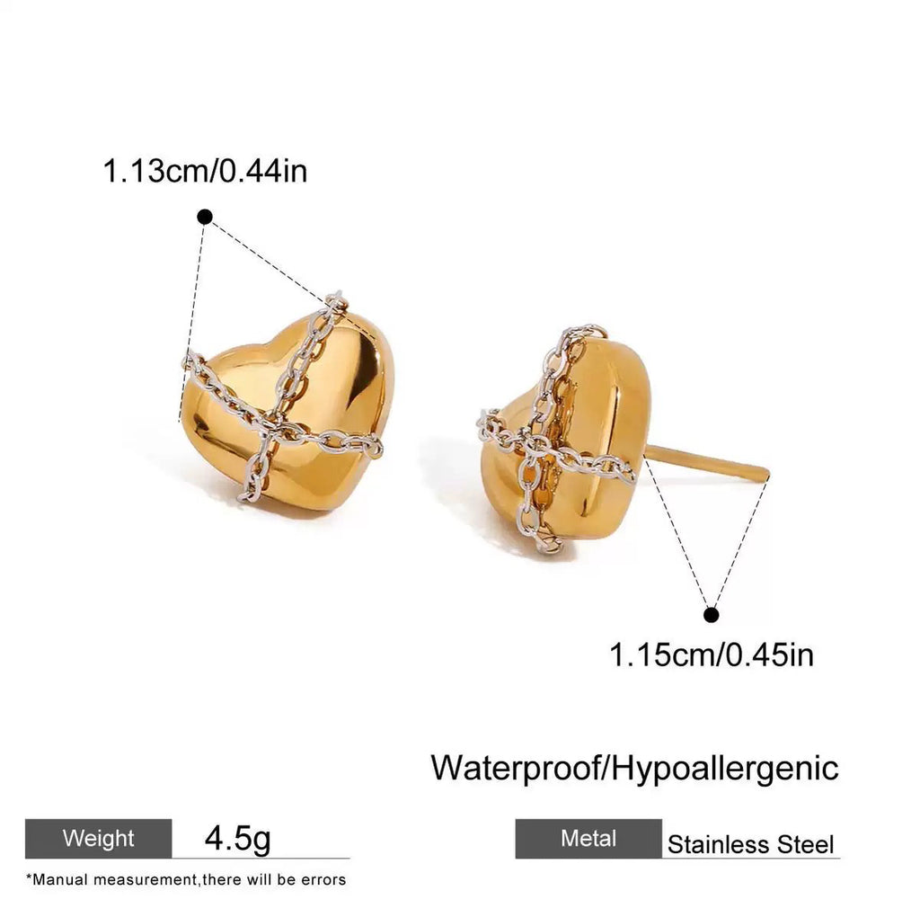 Gold heart-shaped earrings with chain details, shown with measurements and material information on a white background.