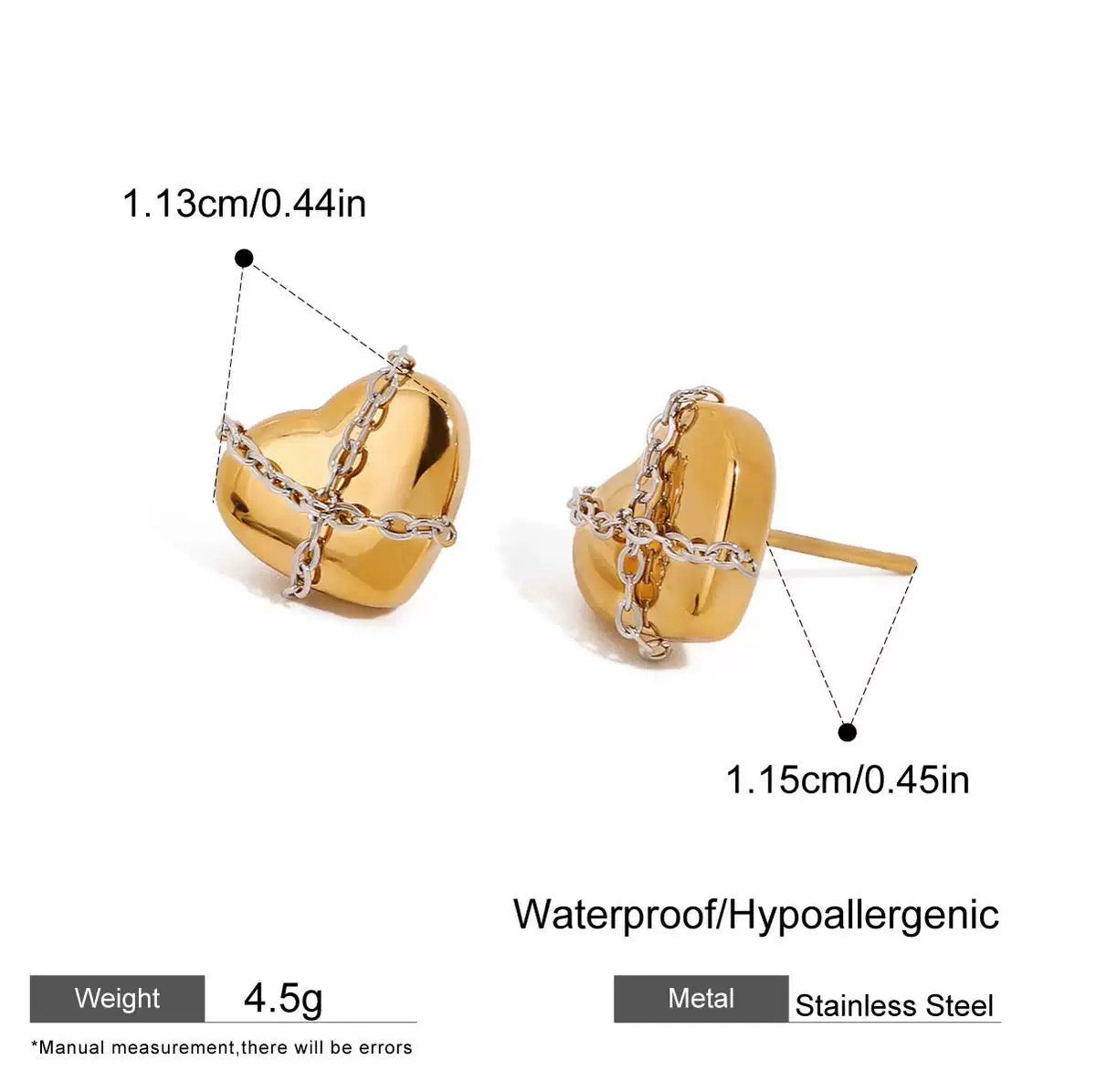 Gold heart-shaped earrings with chain details, shown with measurements and material information on a white background.