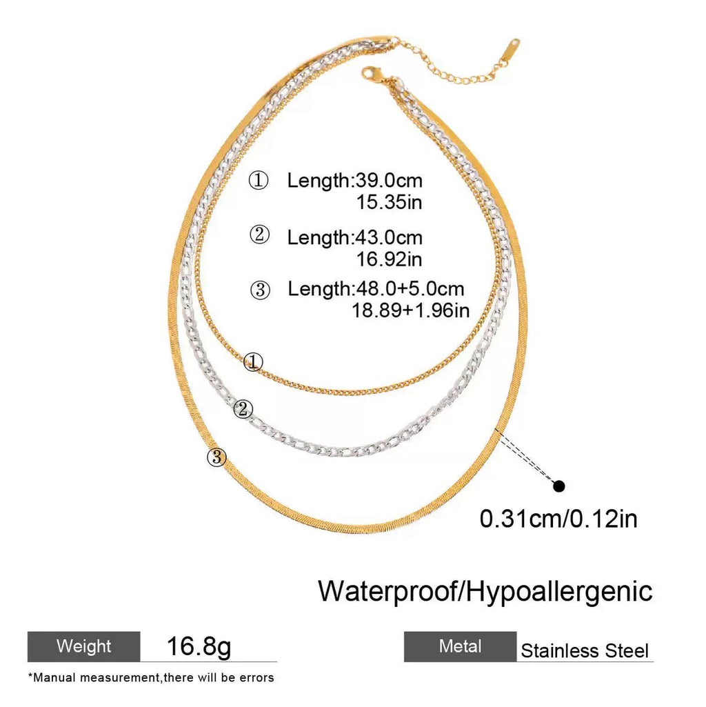 Three gold necklaces of different lengths with measurements and specifications on a white background.