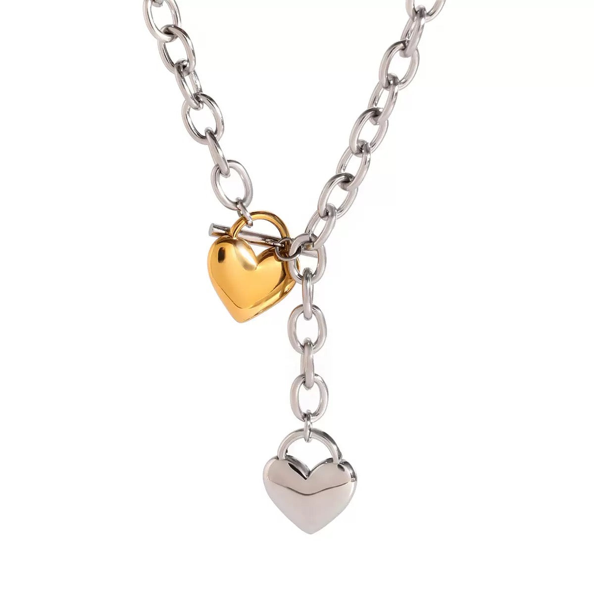 Necklace with heart-shaped padlock charms on a white background