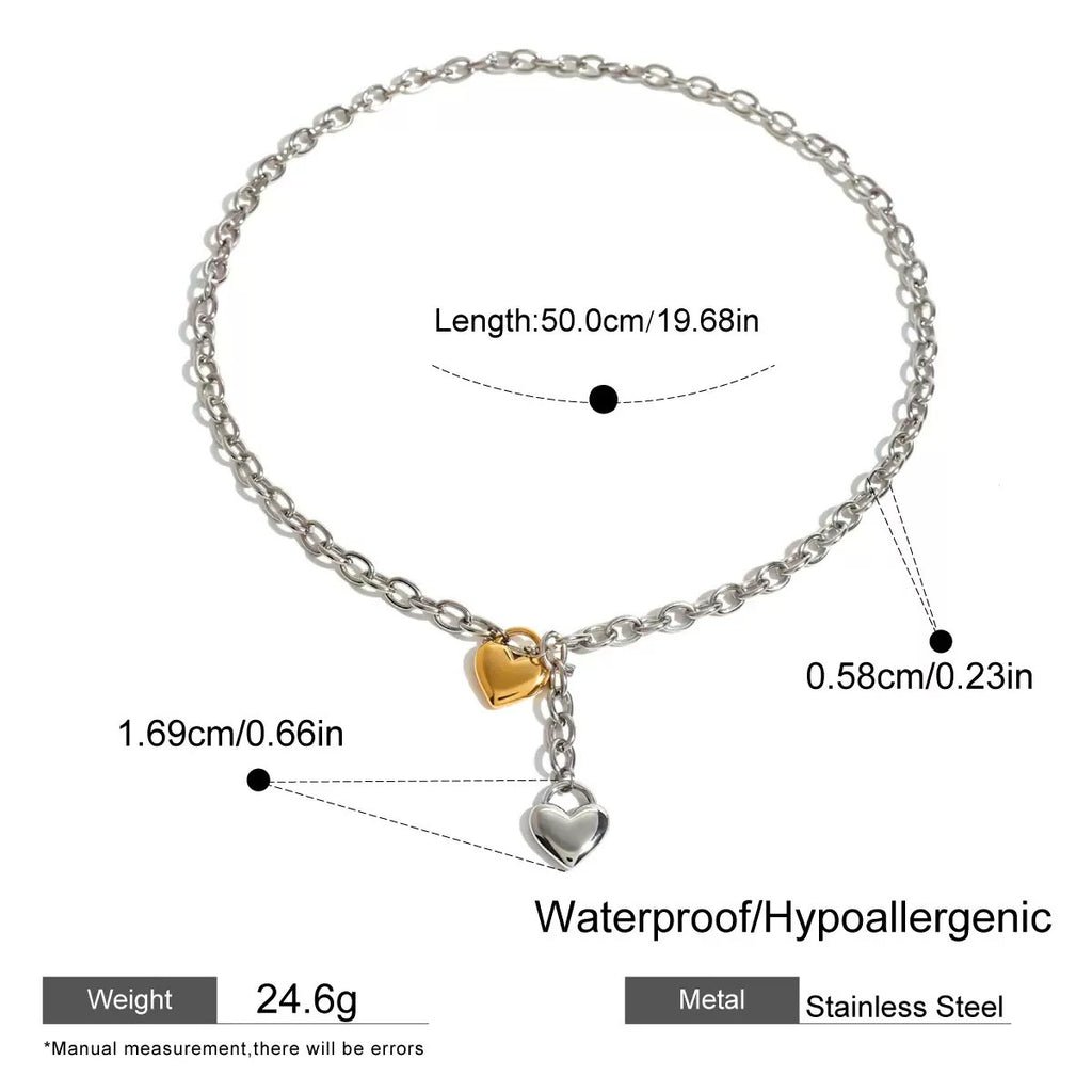 Silver bracelet with heart charms and measurement details on a white background