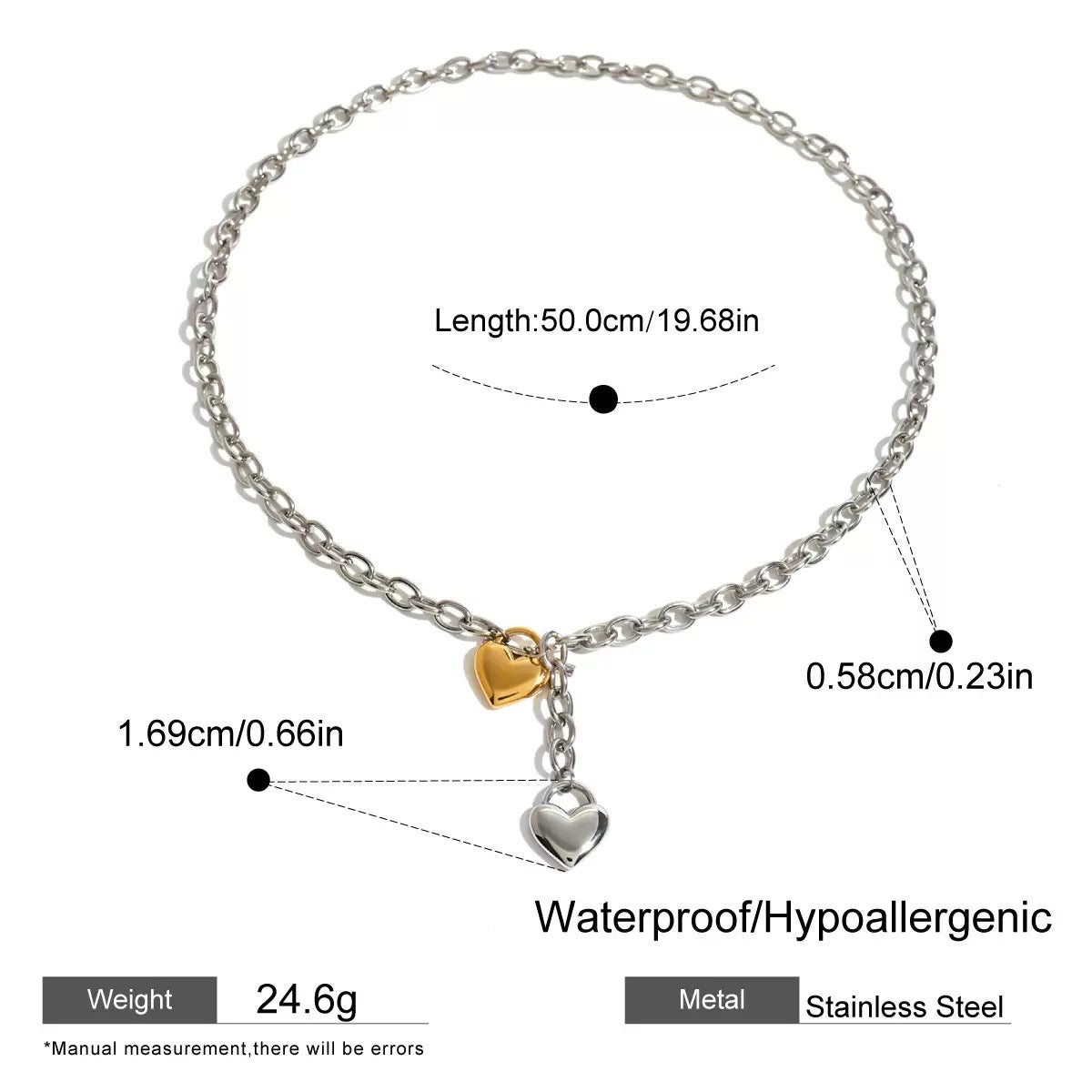 Silver bracelet with heart charms and measurement details on a white background