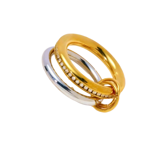 Gold and silver ring with interlocking design on a white background