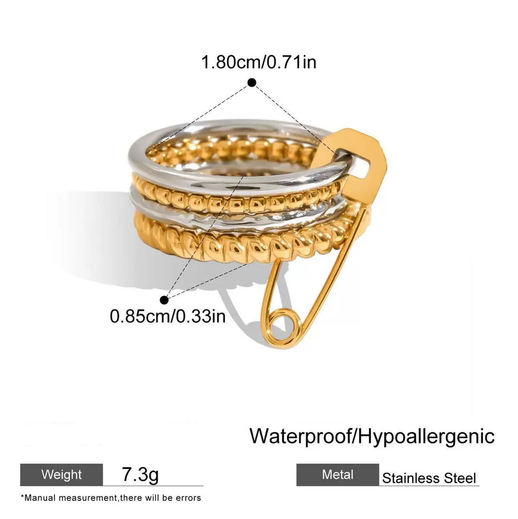 Stack of gold and silver rings with measurements and product details on a white background