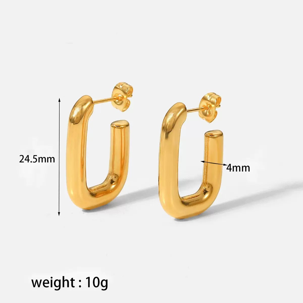 Gold hoop earrings with measurements on a white background