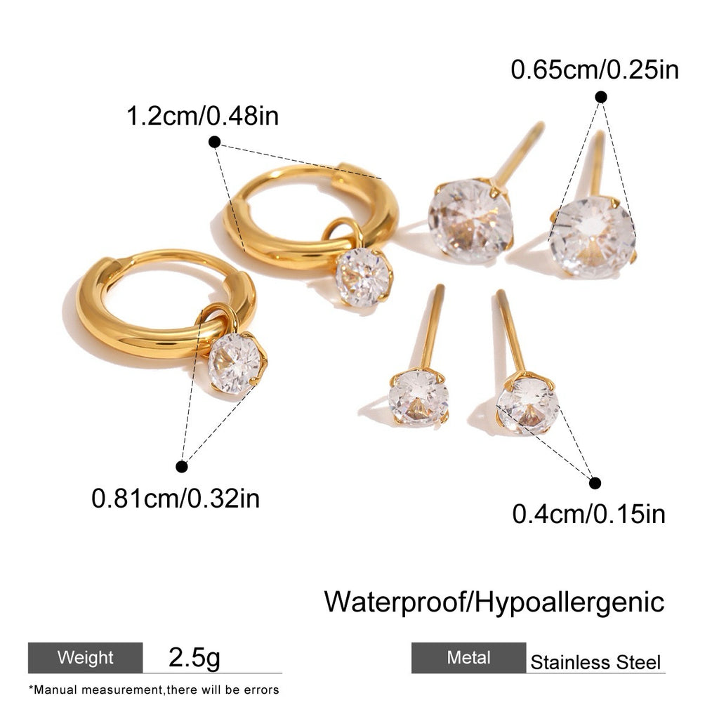 Gold hoop earrings with clear gemstones, showing measurements and material details on a white background.