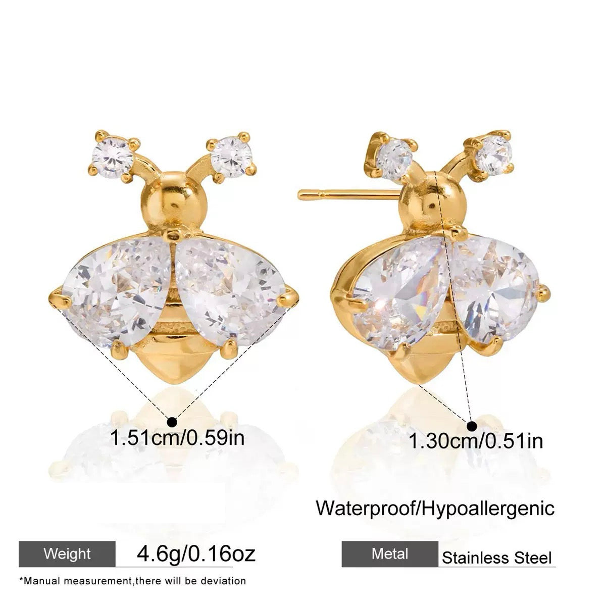 Gold earrings with clear gemstones and measurements on a white background