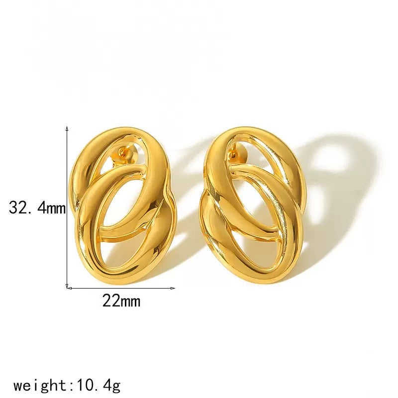 Gold hoop earrings with measurements on a white background