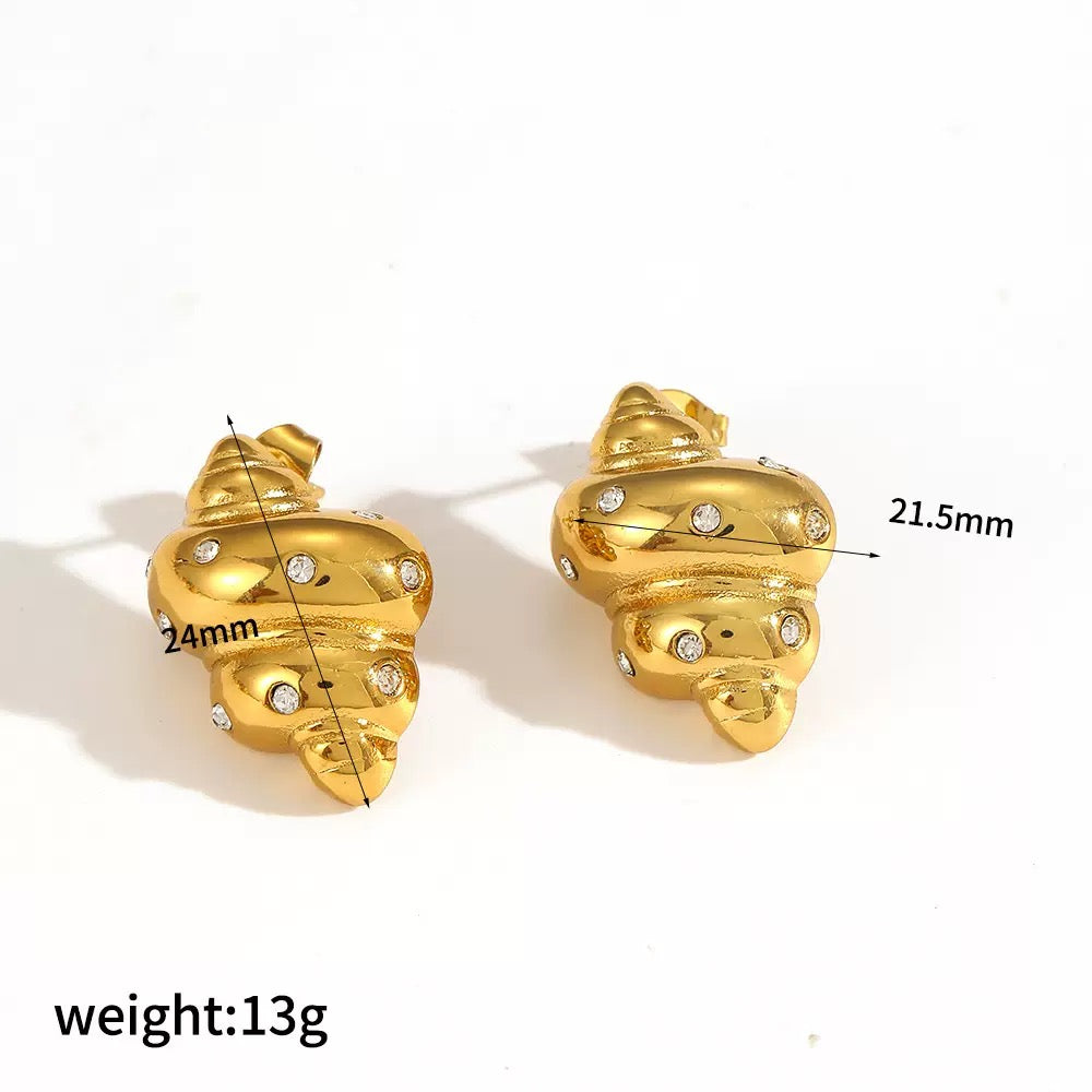 Gold shell-shaped earrings with measurements on a white background
