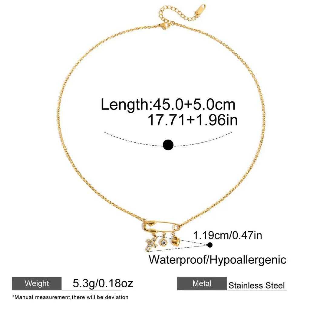 Gold necklace with measurements and features on a white background