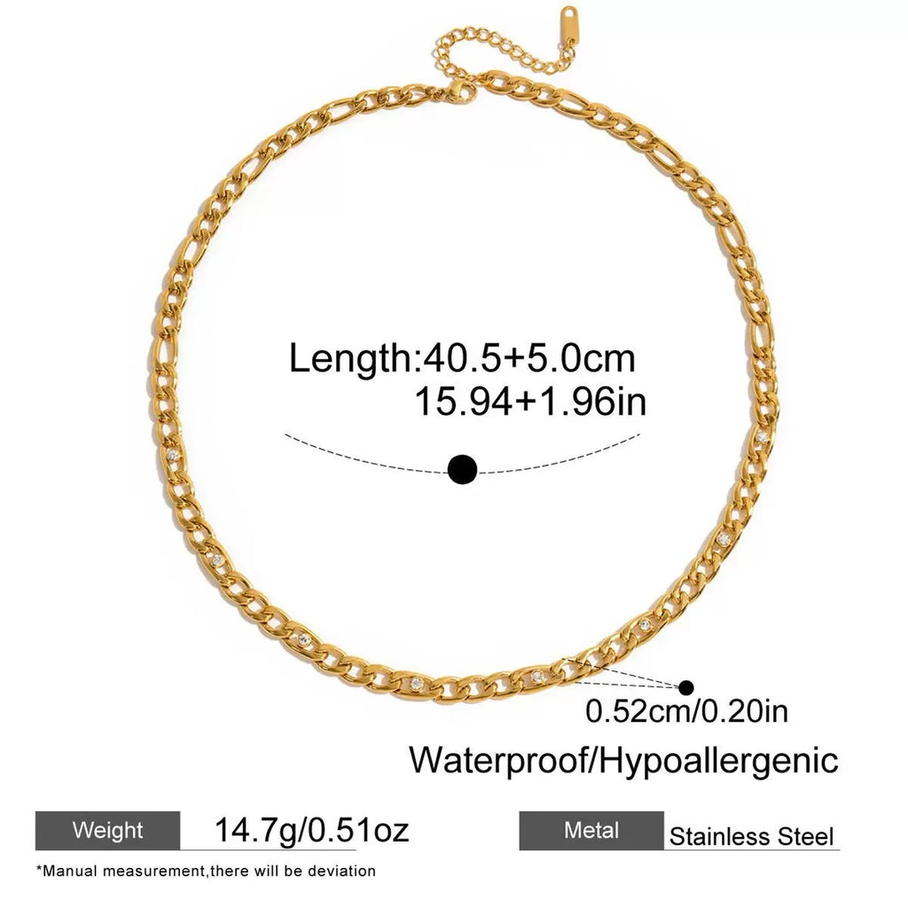 Gold chain necklace with measurement details on a white background