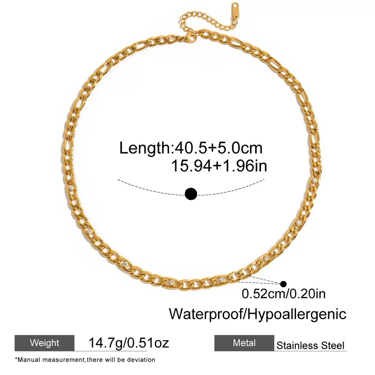 Gold chain necklace with measurement details on a white background