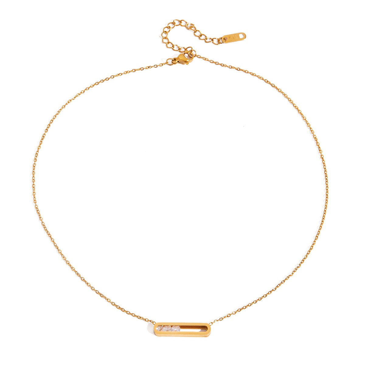 Gold necklace with a bar pendant on a white background