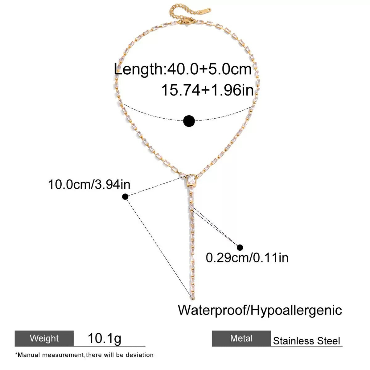 Necklace with measurement details on a white background
