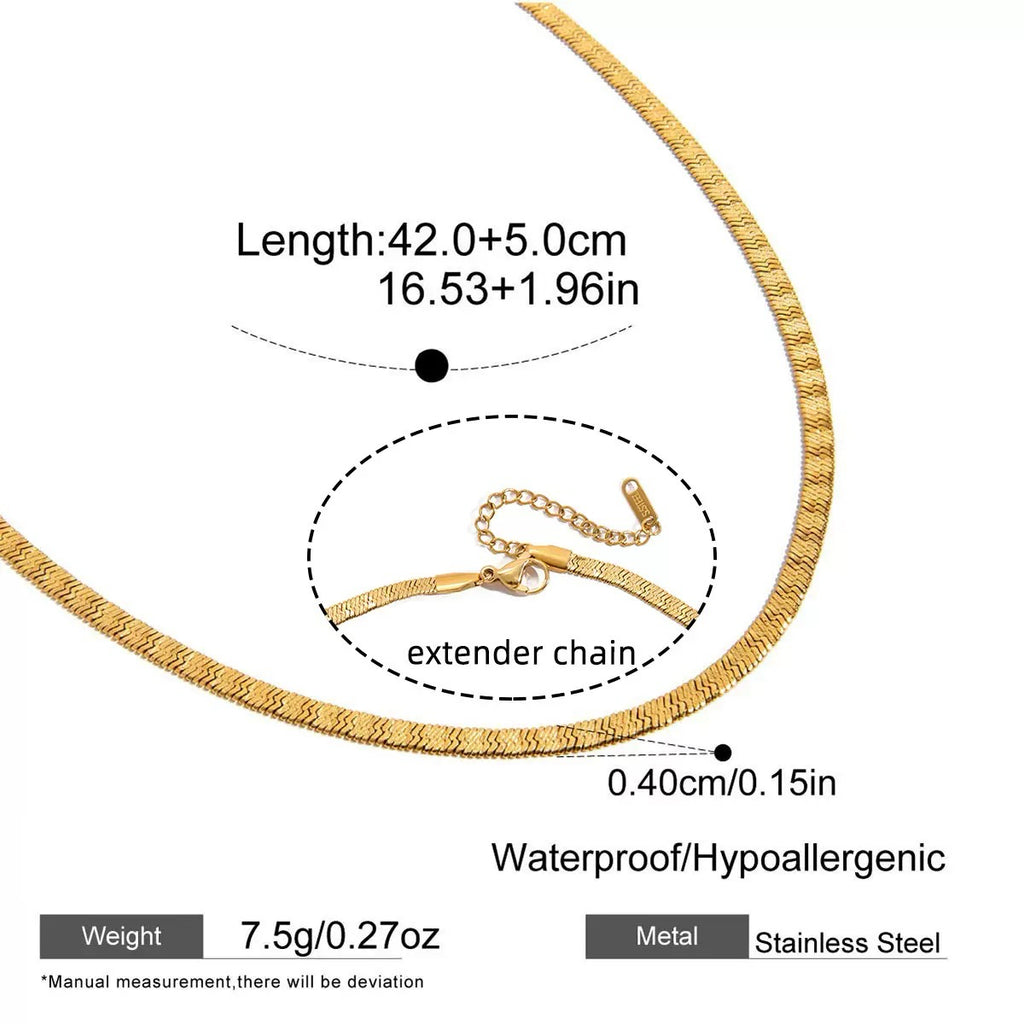 Gold chain necklace with extender chain, measurements, and material details on a white background.