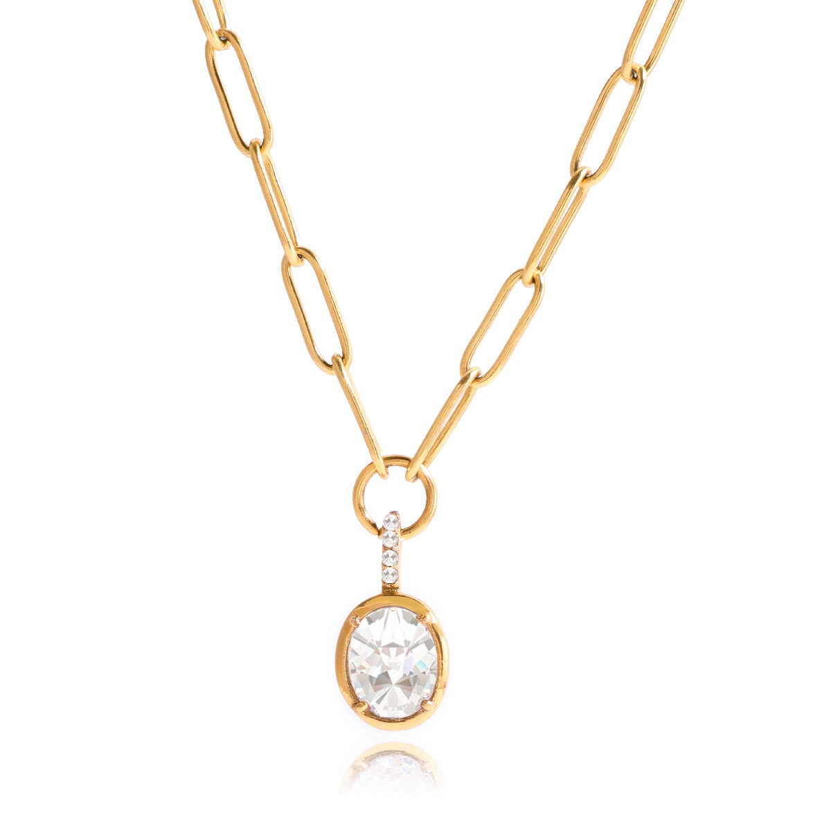 Gold necklace with a diamond pendant on a white background