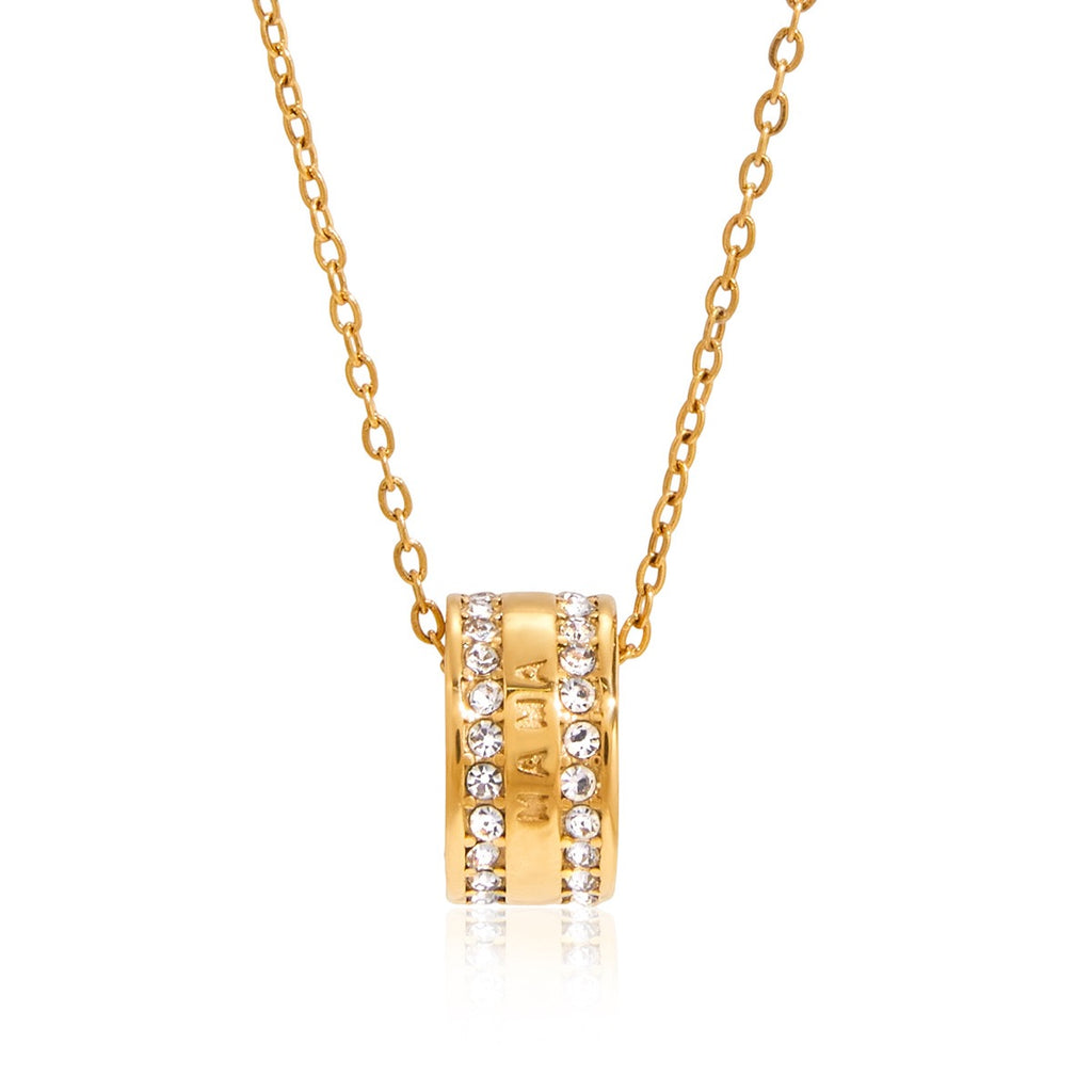 Gold necklace with a cylindrical pendant featuring small diamonds on a white background
