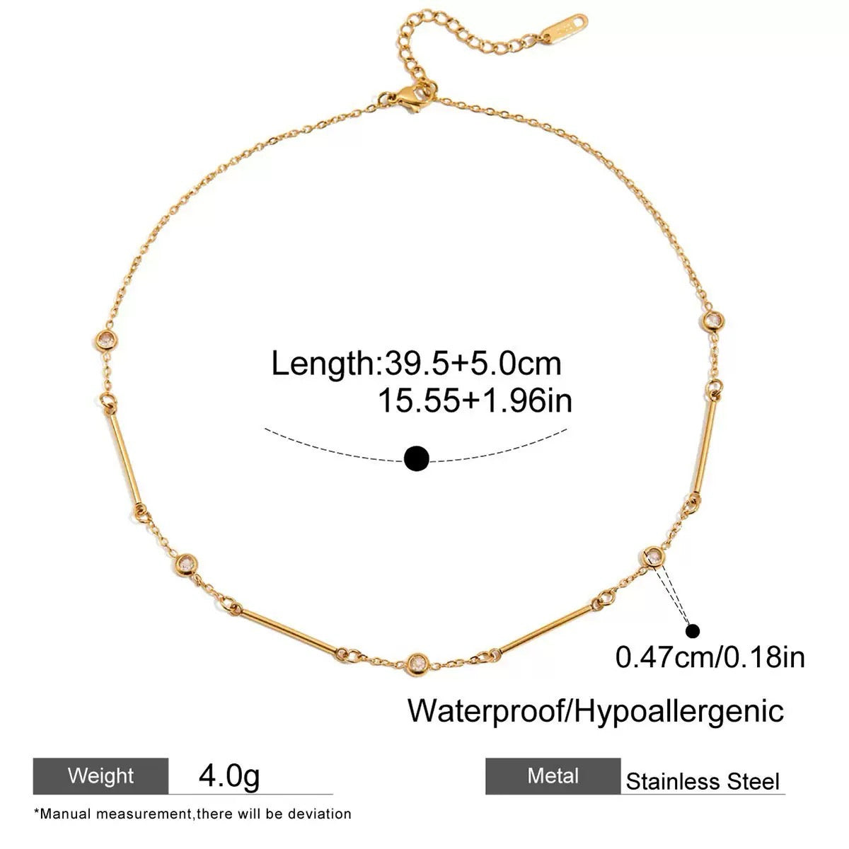 Gold necklace with measurement details on a white background