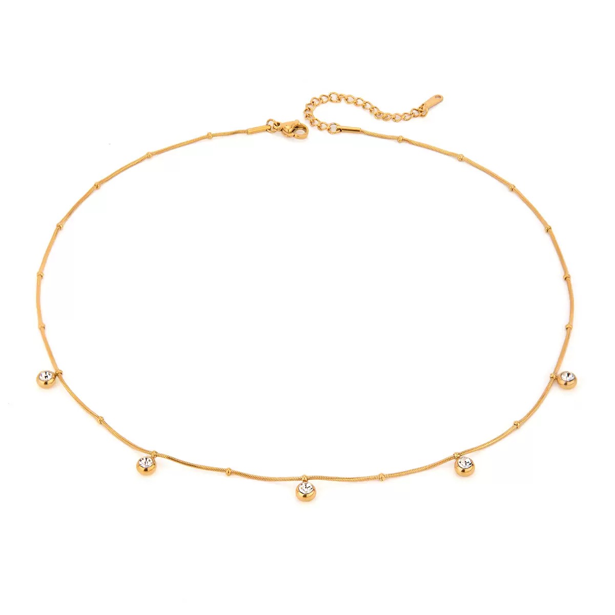 Gold necklace with small beads on a white background