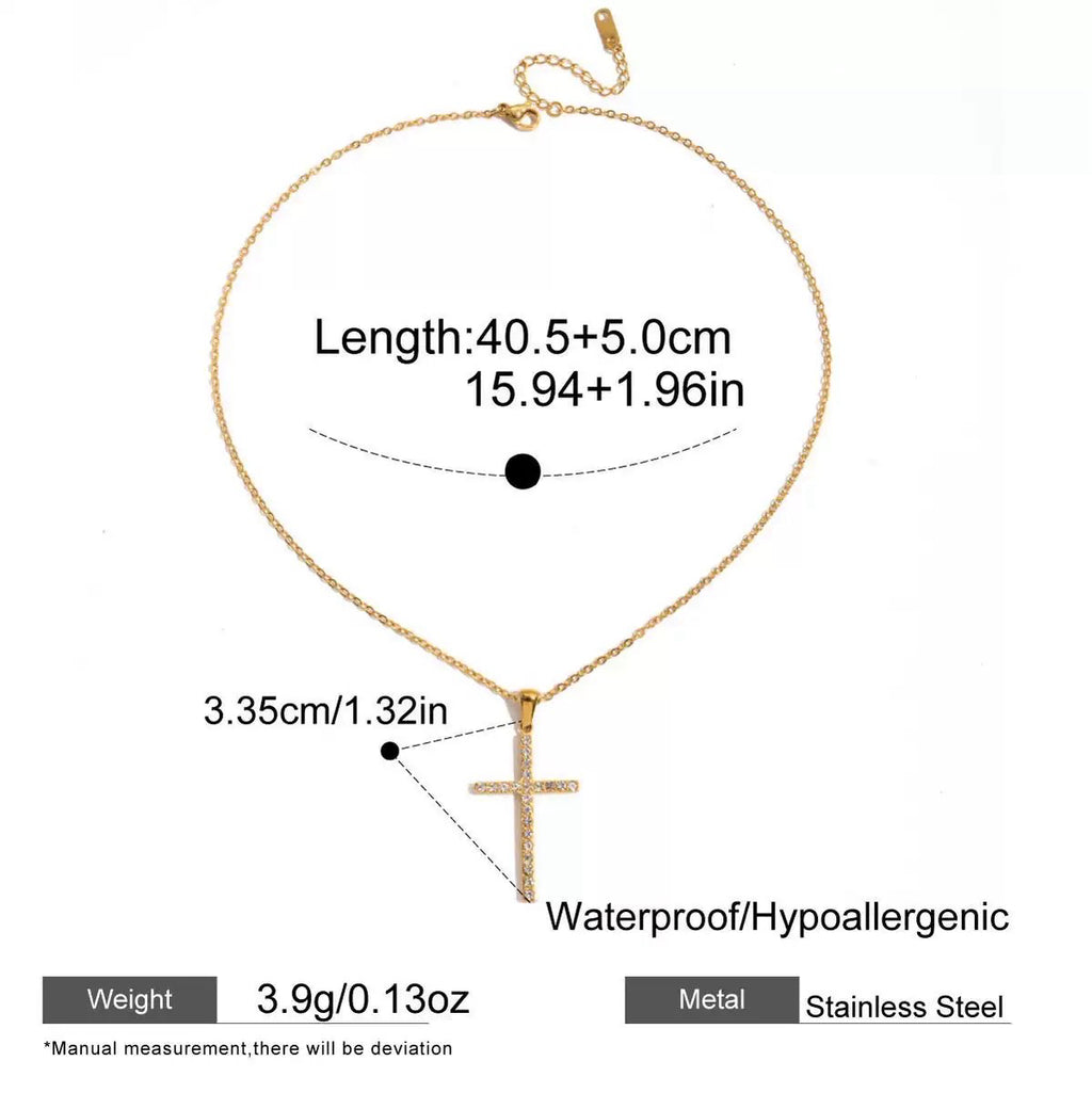 Gold necklace with cross pendant and measurement details on a white background