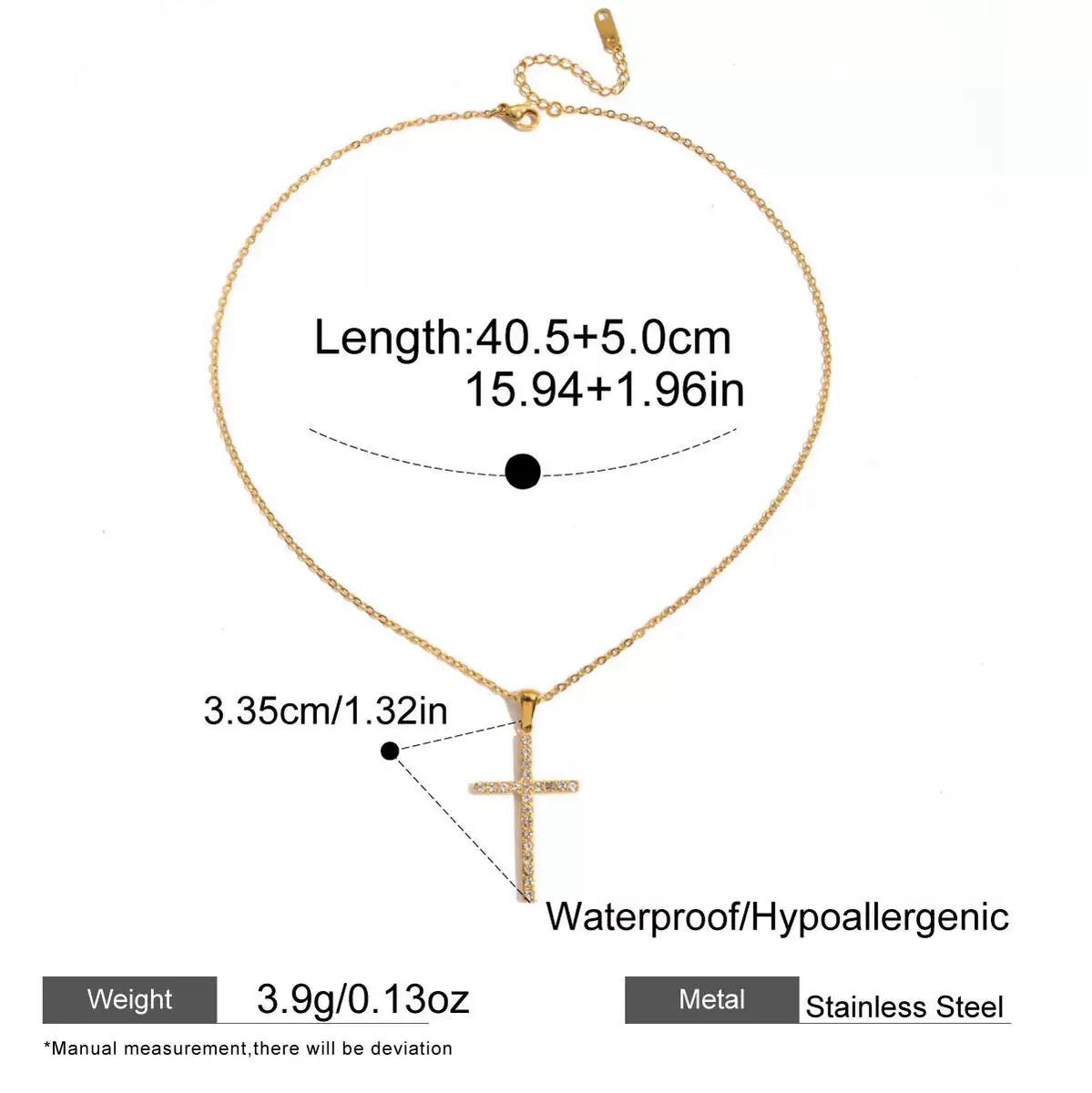 Gold necklace with cross pendant and measurement details on a white background