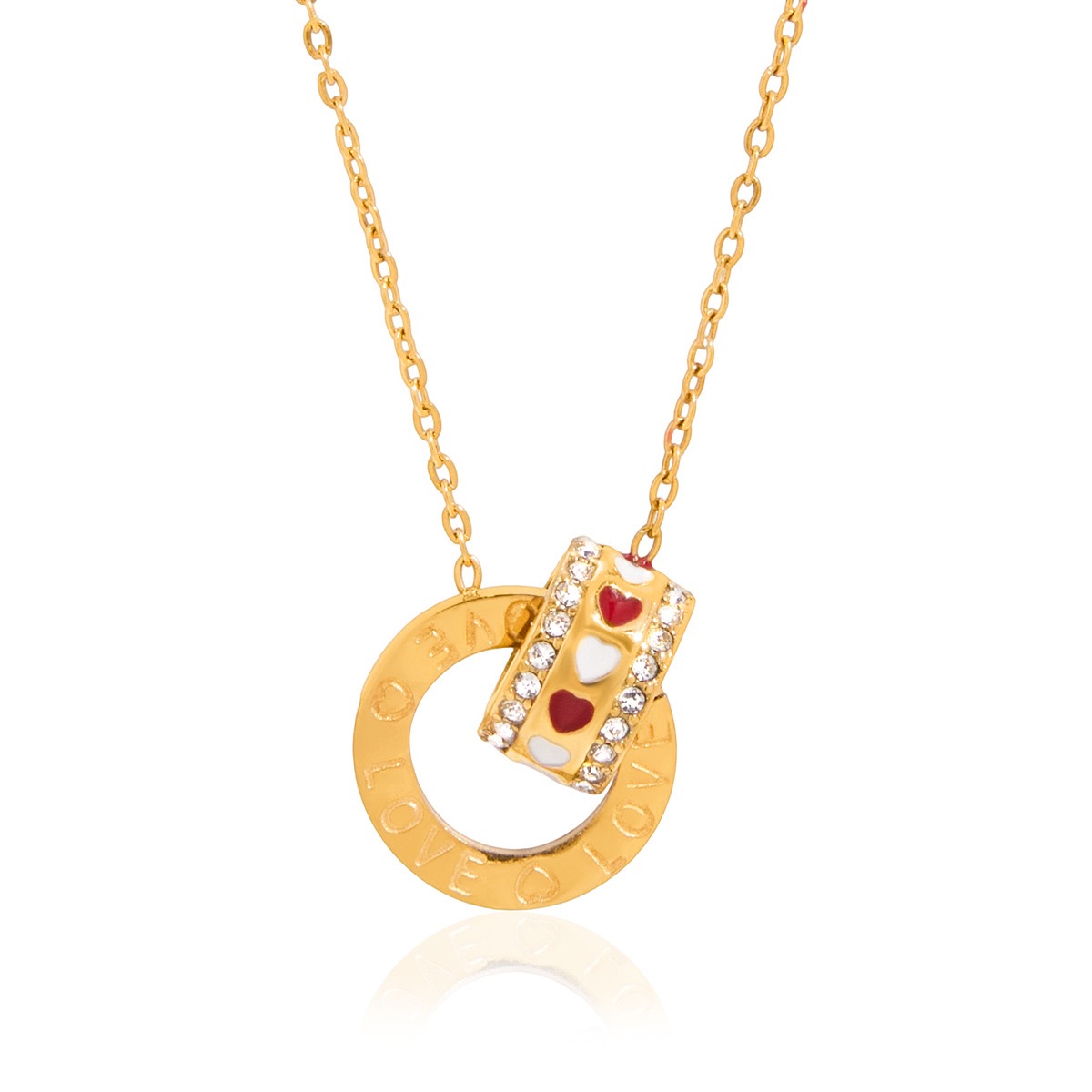 Gold necklace with heart-shaped pendant on a white background