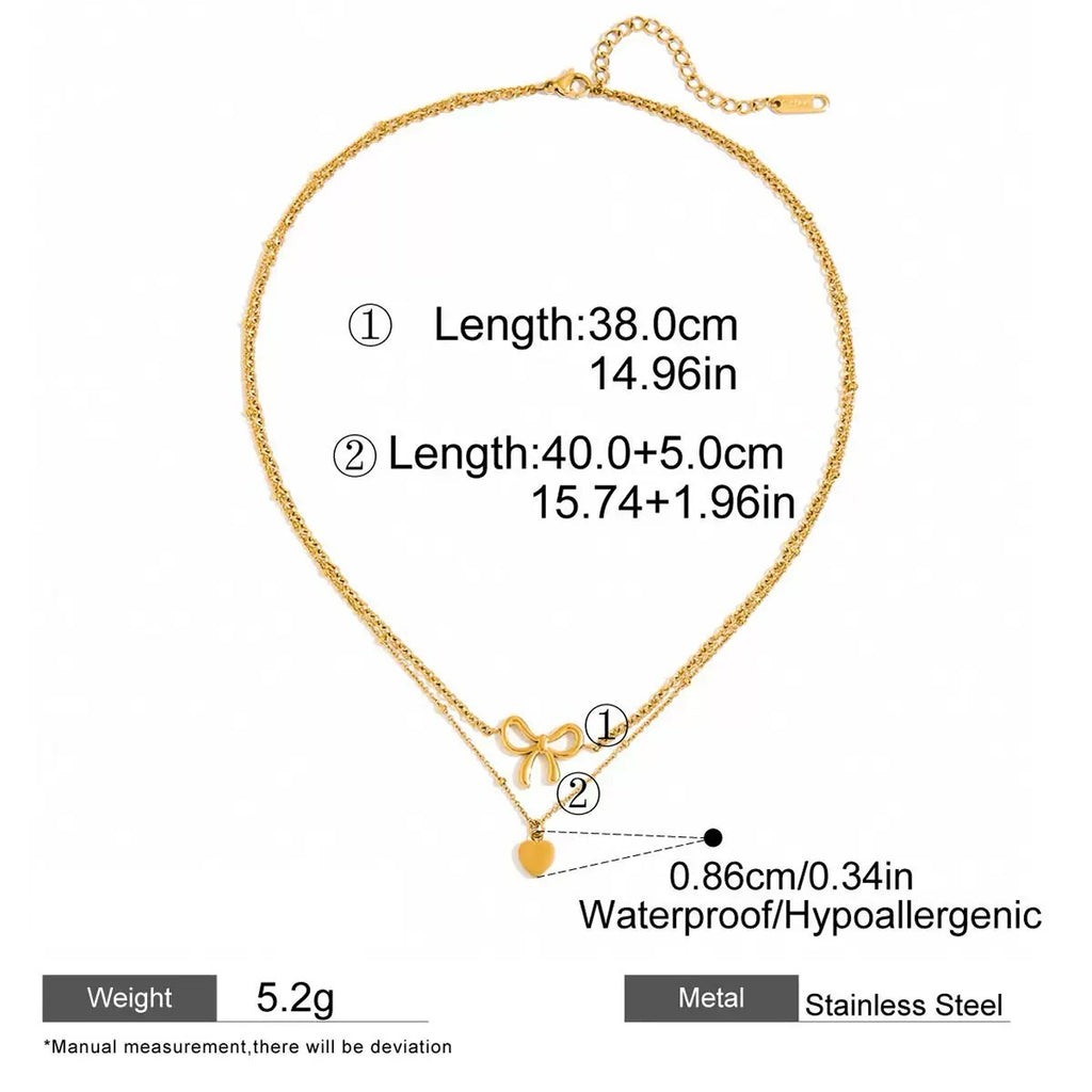 Gold necklace with measurements and features on a white background